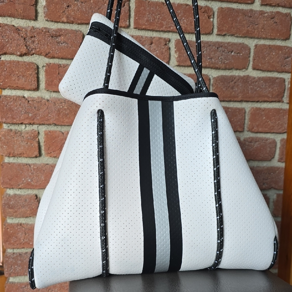 Haute Shore White Neoprene Tote with Bold Black Stripes